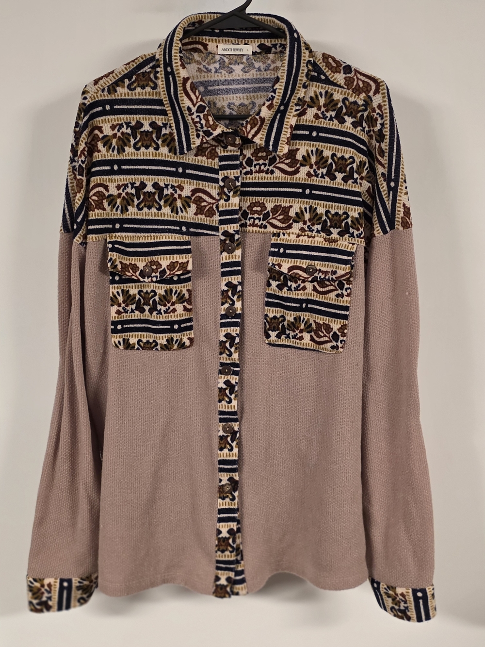 ANDTHEWHY Boho Mixed Media Button Down Shirt Waffle Knit Shacket Size L